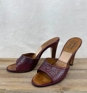 Vintage Footworks Spring-o-lators USA 6N Leather Mules Maroon High Heels Pinup - Picture 1 of 12