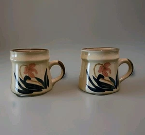 Vintage Stoneware Coffee Mugs Set of 2 – Coordinating Floral Designs *Oldstock* - Picture 1 of 3