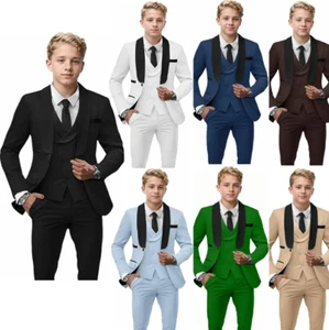 Boy Suit Formal Set Shawl Lapel Tuxedo Jacket Vest Pant Wedding Groom Party 3Pcs - Picture 1 of 30