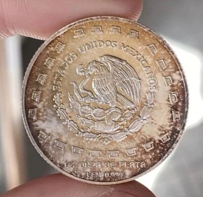 MESSICO 1/4 ONCIA OZ 1998 GIAGUARO ARGENTO SILVER PURO 999 PATINA COLOR ORO UNC - Immagine 1 di 4