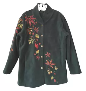 Vtg Bob Mackie Womens Jacket M Dark Green Fleece Floral Embroidered Wearable Art - Picture 1 of 15