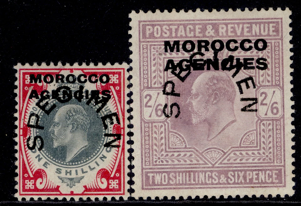 AGENCIAS MARRUECOS (GB) EDVII SG37s + 38s, 1s y 2s 6d ESPECIMEN, LH COMO NUEVO. Cat 160€. Foto 1 de 1