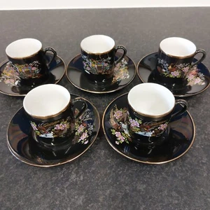Japanese Black Gold Porcelain Cup Saucer Set 10 Piece Espresso / Tea See Info - Picture 1 of 8