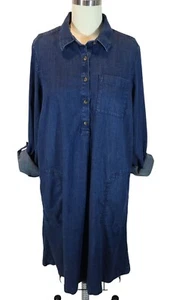 J JILL Dark Denim Roll Tab Sleeve Popover Midi Shirt Dress Size S Classic Preppy - Picture 1 of 8