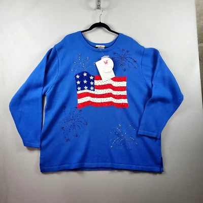 NWT Vtg 2000s Quacker Factory Patriotic Sequin Glam Flag Granny Sweater Women 3X - Image 1 of 4