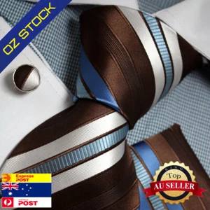 Epoint PH1076 Brown Blue Striped Accessories Gift Idea Silk Neck Tie Cuff Hanky - Picture 1 of 3