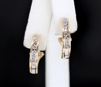 $1,800 AJ 10K Yellow Gold .42ct Round Diamond Channel Omega Back Hoop Earrings - Image 1 of 4