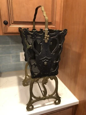 Antique Art Deco Black & Gold Wrought Iron & Metal Ornate Magazine Rack 26x12x9 - Изображение 1 из 4