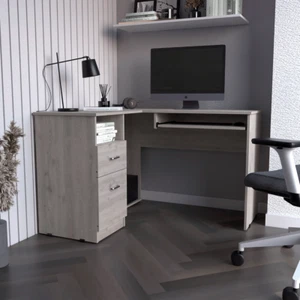 【US】L-Shaped Desk,Keyboard Tray,Two Drawers,One Open Shelf,Light Gray - Picture 1 of 6