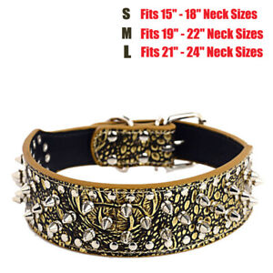 Luxurious Dog Pet Collar CROCODILE GOLD Spiked Studded Rivet PU Leather S M L