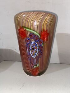 Red Floral Flow Art Glass Vase 9" Tall Millefiori Murano Style