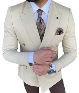 Designer Beige Zweireiher Doppelreiher Sakko Goldene Knöpfe Tailliert Slim Fit - Bild 1 von 6