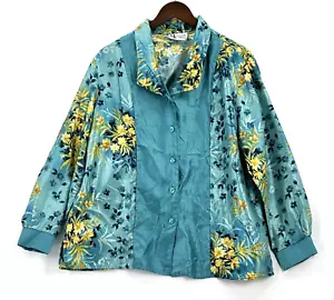 Vintage Maggie Sweets Blouse Women's Button Down Collared Floral Teal Petite L - Picture 1 of 8