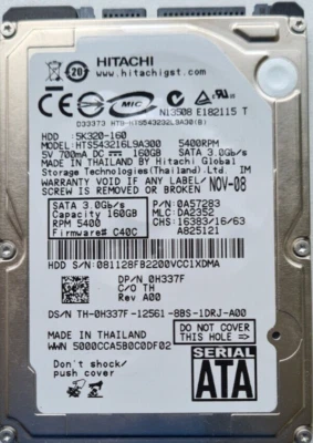 Hard Drive HDD 160GB 2.5" SATA Hitachi HTS543216L9A300 DATE: NOV-08 - Image 1 of 4