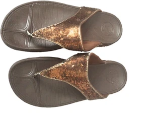 Fitflop Sandals Women 6UK Summer Get Workout Flip Flops Low wedge Brown Sequin - Picture 1 of 24