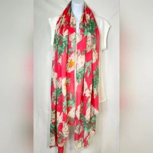 Pink Green Floral Raw Hem Semi-Sheer Scarf 41" X 80" Preppy Feminine Cottage - Picture 1 of 6