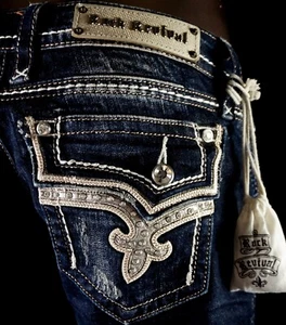 $180 Buckle Rock Revival Jeans "Kai" Swarovski Champagne Leather Boot 29 X 32 - Picture 1 of 6