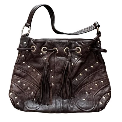 BULGA Brown Leather Hobo Shoulder Bag Purse Studded Hippie Boho Tassel Grommets - Image 1 of 4