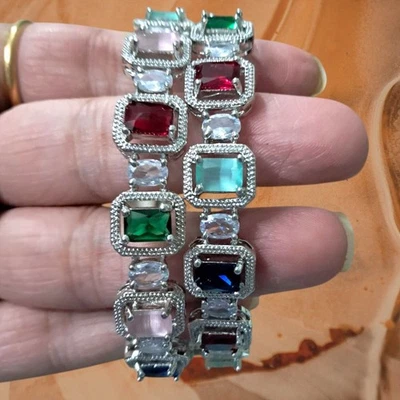 Designer AD CZ Indian Ethnic Wedding Silver Plated Bollywood Bridal 2'6... - Immagine 1 di 4