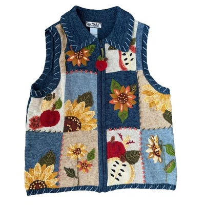 Tiara International Patchwork Sunflower Apple Sweater Vest Medium Cottagecore - Image 1 of 4