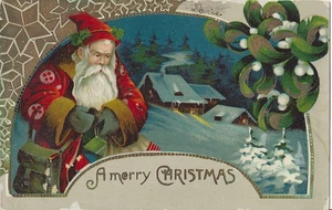Tarjeta postal vintage (1907-15) de Navidad de Papá Noel llevando regalos escena de invierno nevada #1 - Imagen 1 de 2