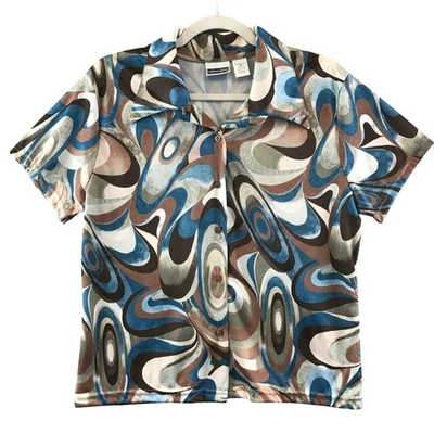 复古 Xhilaration XL 纽扣衬衫短袖抽象棕色蓝色上衣 — 第 1/4 张图片