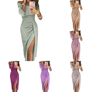 Womens Dress Formal Dresses Evening one-shoulder dress Long Off Shoulder Glitter - Picture 1 of 21