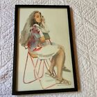 Vintage 90s woman girl portrait original watercolor PAINTING framed hand painted