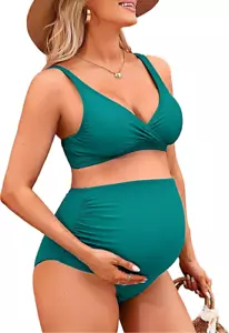 Charmo Womens Size Med High Waisted Maternity VNeck Pregnancy PushUp2Pc Swimsuit - Picture 1 of 10