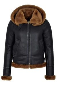 Ladies Sheepskin Jacket Brown Hooded B3 Flying Real Shearling Fur Jacket  F-05 - Picture 1 of 12