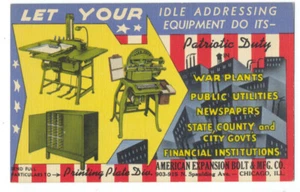 AMERICAN EXPANSION BOLT Printing - WWII 1943 Patriotic LINEN AD Postcard - RARE - Picture 1 of 2