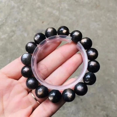 Pulsera de cuentas de cristal de piedra solar negra natural genuina 5A 12 mm Foto 1 de 4