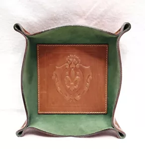 Fleur De Lis Brown Dice Valet Key Tray Made In Italy Embossed Leather D&D Magic - Picture 1 of 10