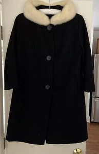 Vintage 1960’s Black Wool Coat White Mink Collar 3/4 Sleeve Sz S/ M - Picture 1 of 15