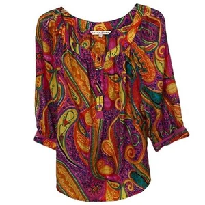 Trina Turk Colorful Silk Paisley Blouse Top Womens Size Medium 3/4 Sleeves - Picture 1 of 12