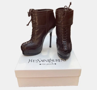 YSL Yves Saint Laurent Tribtoo Brown Leather Platform Ankle Booties Boots $1,349 - Image 1 of 4