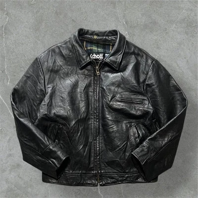 Schott USA 52 TALON Collared Single Rider Jacket Leather Black Green Zip Used - Image 1 of 4