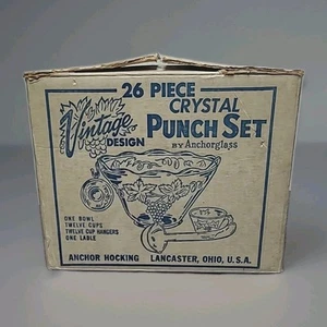 Vintage Design 26-Piece Anchor Hocking Crystal Punch Bowl Set by Anchorglass NOS - Picture 1 of 9