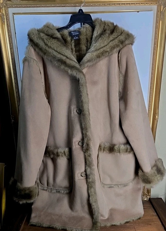 Abrigo Chaqueta Con Capucha De Gamuza De Colección Dennis Basso LG Para Mujer Marrón Piel Sintética  Foto 1 de 4