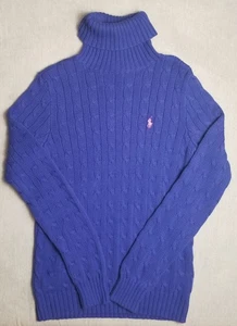 Ralph Lauren Sport Cable-Knit Turtleneck Sweater Blue Preppy Sz Medium - Picture 1 of 12