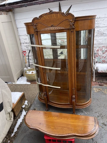 Antique Curved Glass China Curio Cabinet 4 Shelfs Solid Oak Claw Feet Cover