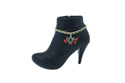 Women Gold Color Metal Chain Boot Bracelet Anklet Shoe JOY Charm Holiday Jewelry - Image 1 of 4