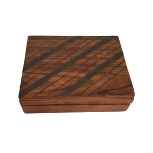 Vtg Brass Inlay Solid Wood Trinket Jewelry Box Inlaid Strips No Lining India  - Picture 1 of 8