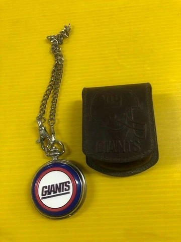 NFL NEW YORK GIANTS  Danbury Mint Football Pocket Watch w Chain & Leather Pouch Cover