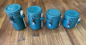 4 Piece Green Ceramic Kitchen Canisters With Locking Lids And Wooden Spoons - Picture 1 of 5