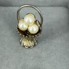 Vintage Charm Faux Pearl Egg Basket Silver Plated Cute 