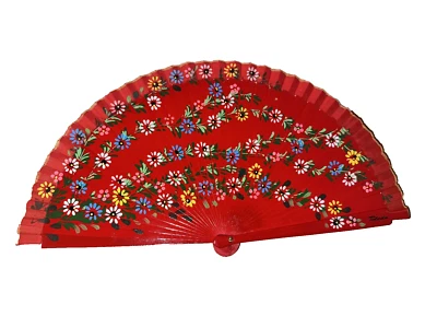 Vintage Red Fan with Hand-Painted Flowers – Beautiful Toledo Design, Well-Made, - Image 1 of 4