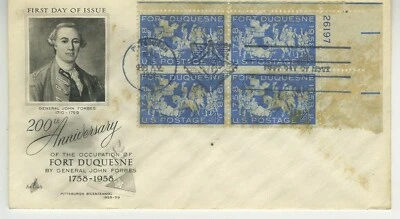 Fort Duquesne FDC 1958 Artcraft Cachet Cover Scott 1123 4c Plate Block Stamp S13 - Image 1 of 2