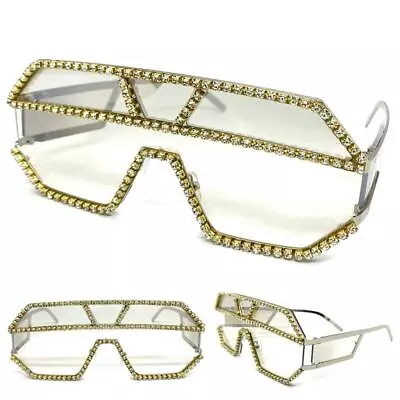 Oversize Retro Shield Style Clear Lens Slight Tint SUN GLASSES Bling Rhinestones - Image 1 of 4
