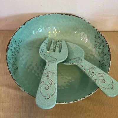 Aphorism Aqua Green Rustic Floral MELAMINE Salad Bowl Set 11 3/4” - Image 1 of 4